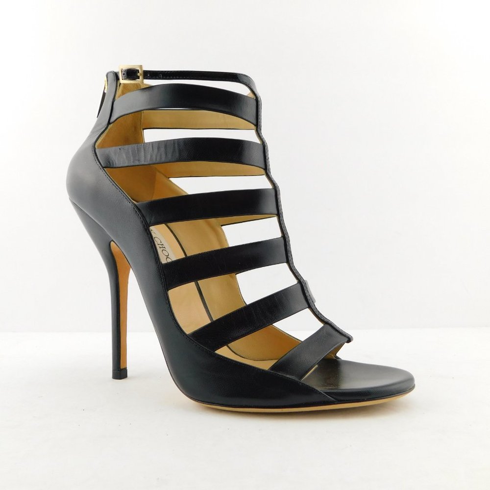 JIMMY CHOO Black Leather Caged Open Toe Bootie Heel Pumps 41